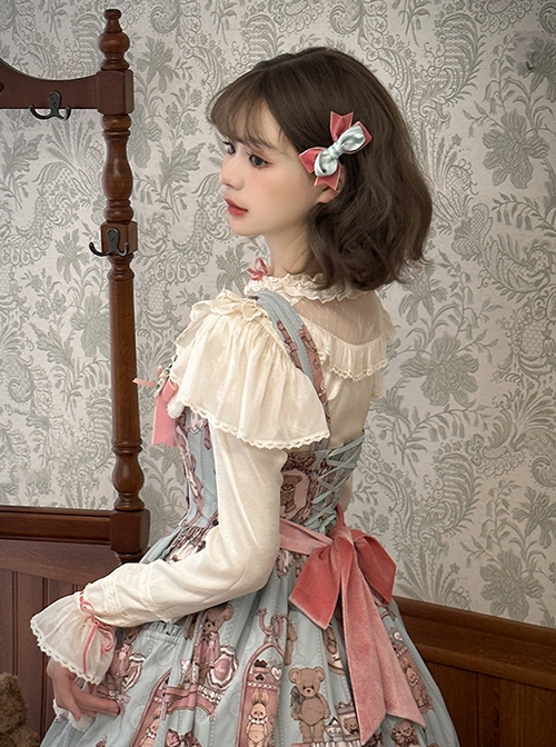 Bear Doll Wall Series Stand Collar V Shape Ruffles Lace Velvet Ribbon Bowknot Sweet Lolita Long Sleeves Shirt