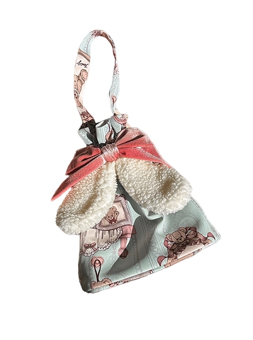 Bear Doll Wall Series Daily Pink Green Print Drawstring Cute Lamb Ear Bowknot Sweet Lolita Handbag