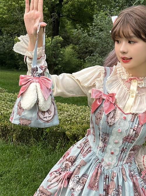 Bear Doll Wall Series Daily Pink Green Print Drawstring Cute Lamb Ear Bowknot Sweet Lolita Handbag