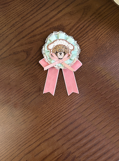 Bear Doll Wall Series Daily Pink Green Contrast Color Embroidered Bear Lamb Ears Bowknot Round Ruffles Hair Accessory Badge