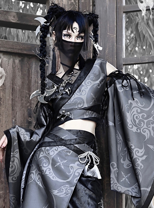 Demon Sword Girl Series Black Japanese Style Gothic Punk Cool Ninja Tassel Triangular Msak Facecloth