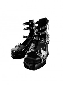Butterfly Manor Series Y2K Subculture Gothic Punk Lolita Black Patent Leather Metal Rivets Chain High Thick Heel Platform Shoes