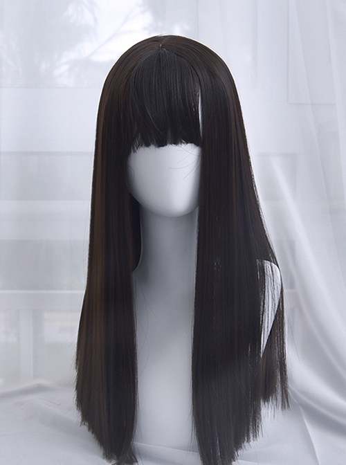 Daily Versatile Natural Black Medium Straight Hair JK School Lolita Cute Flat Bangs Full Head Wig