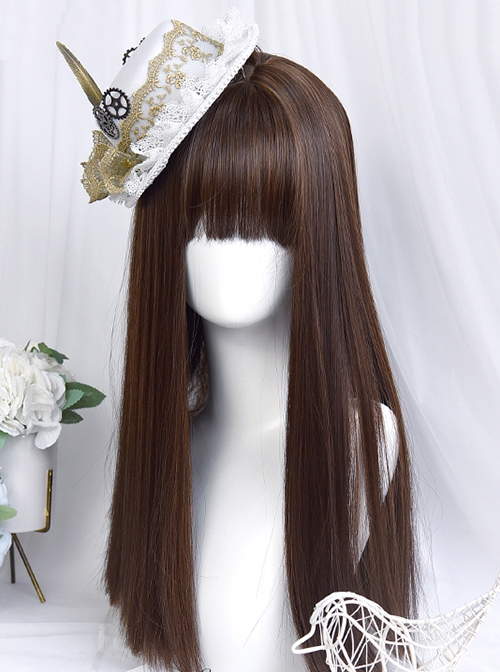 Daily Versatile Natural Black Medium Straight Hair JK School Lolita Cute Flat Bangs Full Head Wig