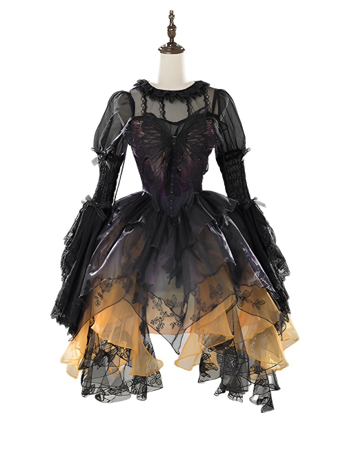 Dead Leaf Butterfly Series Spring Summer Irregular Hem Gothic Lolita Sleeveless Dress JSK Black Shirt Suit