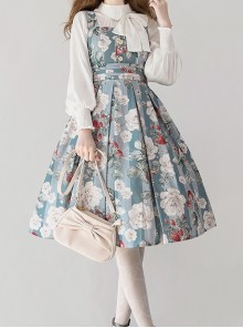 Forest Basket Series Retro Sea Salt Rose Blue White Print Pastoral Style Classic Lolita Sleeveless Dress JSK