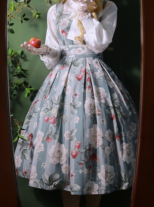 Forest Basket Series Retro Sea Salt Rose Blue White Print Pastoral Style Classic Lolita Sleeveless Dress JSK