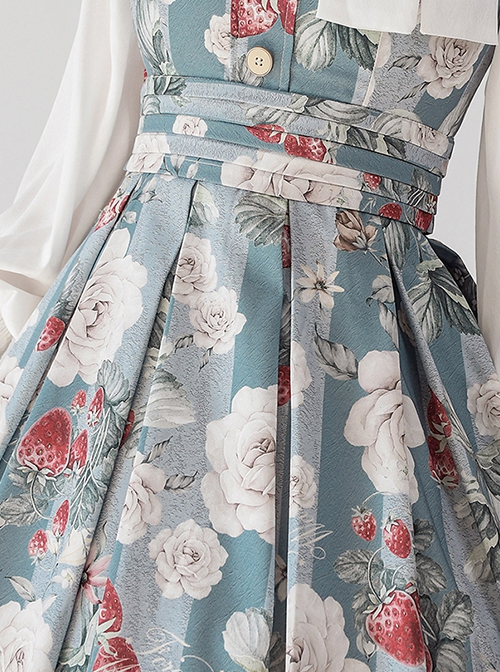 Forest Basket Series Retro Sea Salt Rose Blue White Print Pastoral Style Classic Lolita Sleeveless Dress JSK