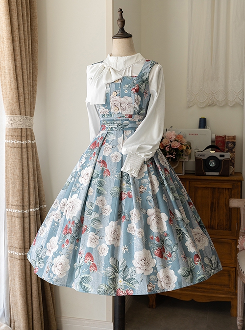 Forest Basket Series Retro Sea Salt Rose Blue White Print Pastoral Style Classic Lolita Sleeveless Dress JSK