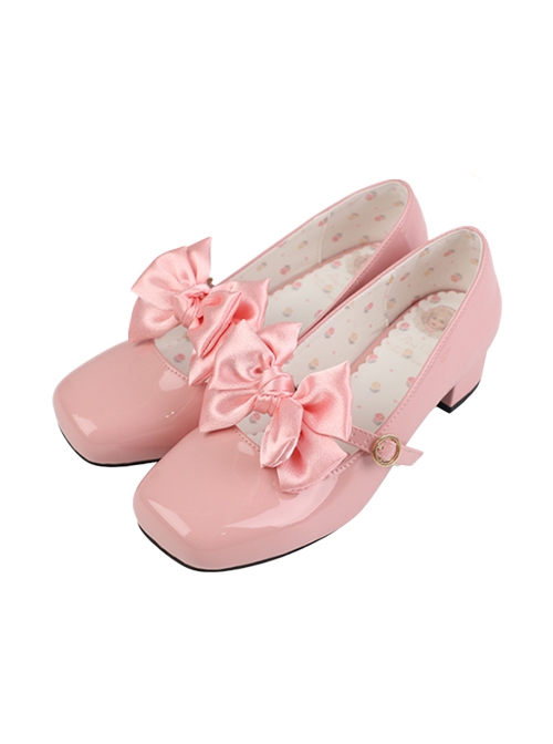 Miss Tea Series French Elegant Bowknot Square Head Mary Jane Classic Lolita Patent Leather Low Heels Shoes