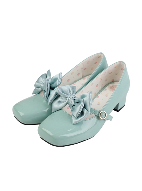 Miss Tea Series French Elegant Bowknot Square Head Mary Jane Classic Lolita Patent Leather Low Heels Shoes