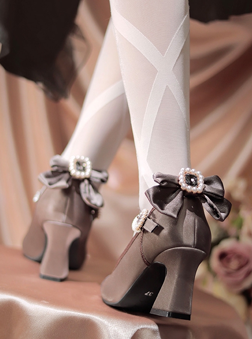 Transoceanic Love Poems Series French Romantic Pearl Chain Delicate Satin Bowknot Classic Lolita High Heels Shoes