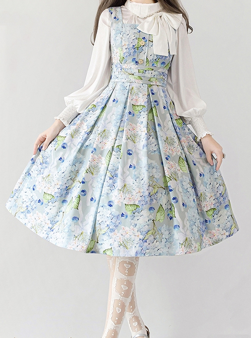 Forest Basket Series Retro Pastoral Style Fresh Light Blue Hydrangeas Print Classic Lolita Sleeveless Dress JSK