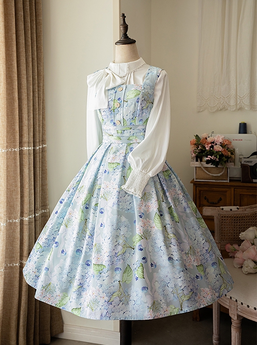 Forest Basket Series Retro Pastoral Style Fresh Light Blue Hydrangeas Print Classic Lolita Sleeveless Dress JSK