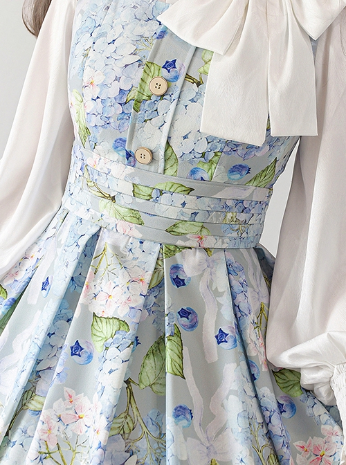 Forest Basket Series Retro Pastoral Style Fresh Light Blue Hydrangeas Print Classic Lolita Sleeveless Dress JSK