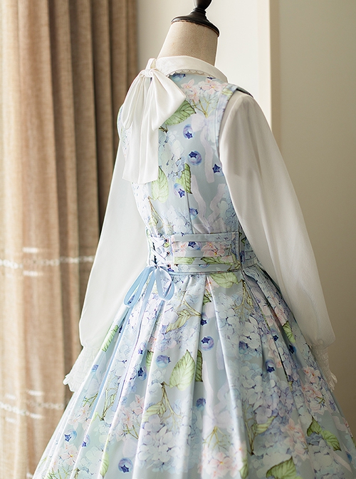 Forest Basket Series Retro Pastoral Style Fresh Light Blue Hydrangeas Print Classic Lolita Sleeveless Dress JSK