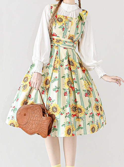 Forest Basket Series Retro Pastoral Grace Yellow Green Sunflower Stripe Print Classic Lolita Sleeveless Dress JSK