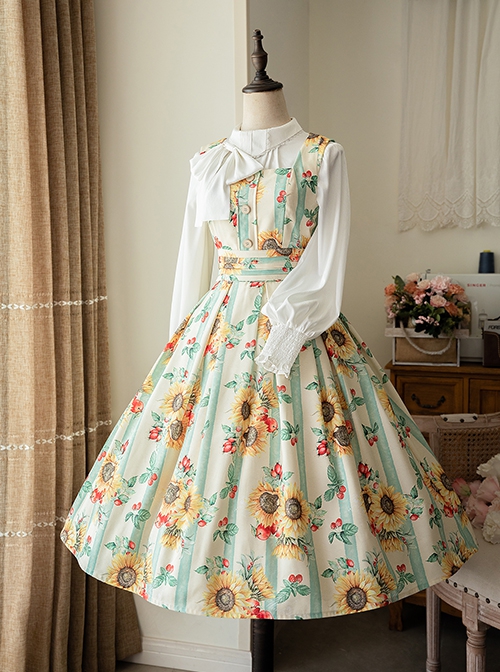 Forest Basket Series Retro Pastoral Grace Yellow Green Sunflower Stripe Print Classic Lolita Sleeveless Dress JSK