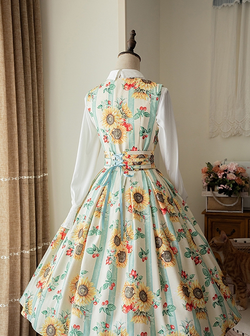 Forest Basket Series Retro Pastoral Grace Yellow Green Sunflower Stripe Print Classic Lolita Sleeveless Dress JSK