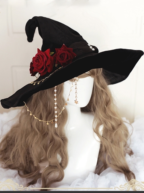 Witch Parade Series Halloween Black Wide Brim Steeple Rose Pearl Chain Gothic Lolita Velvet Witch Hat