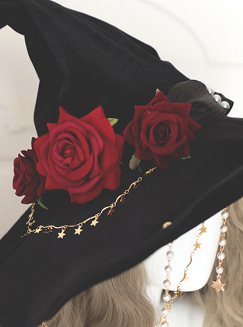 Witch Parade Series Halloween Black Wide Brim Steeple Rose Pearl Chain Gothic Lolita Velvet Witch Hat
