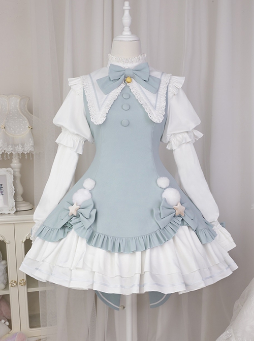 Heartbeat Contract Series Magical Girl Sweet Lolita Pointed Collar Spliced Ruffles Star Bowknot Puff Long Leeves Dress OP