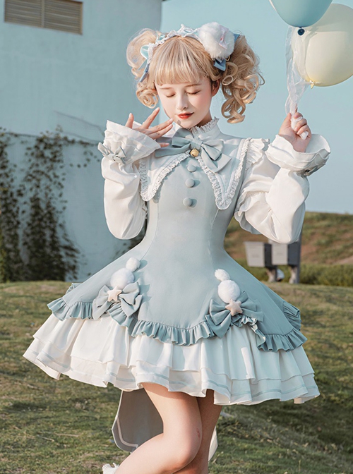 Heartbeat Contract Series Magical Girl Sweet Lolita Pointed Collar Spliced Ruffles Star Bowknot Puff Long Leeves Dress OP