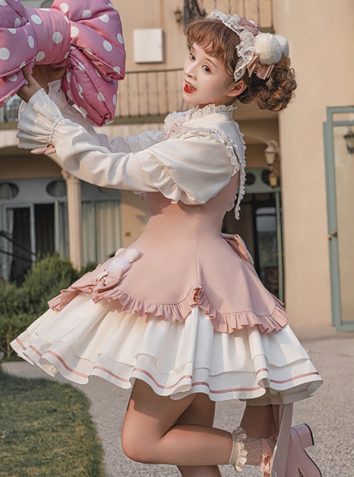 Heartbeat Contract Series Magical Girl Sweet Lolita Pointed Collar Spliced Ruffles Star Bowknot Puff Long Leeves Dress OP