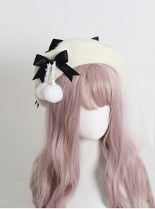Japanese Style Sweet Girly Wool Autumn Winter Warm Handmade Fur Ball Bowknot Sweet Lolita Painter Hat Beret