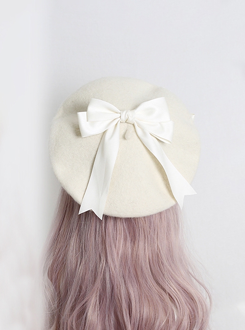 Japanese Style Sweet Girly Wool Autumn Winter Warm Handmade Fur Ball Bowknot Sweet Lolita Painter Hat Beret