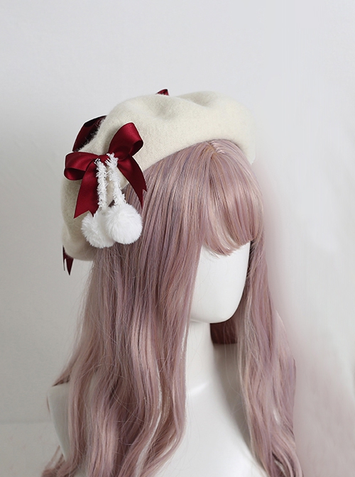 Japanese Style Sweet Girly Wool Autumn Winter Warm Handmade Fur Ball Bowknot Sweet Lolita Painter Hat Beret