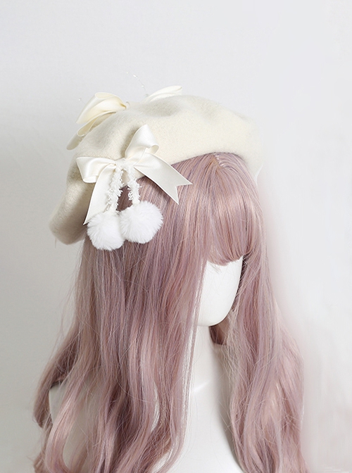 Japanese Style Sweet Girly Wool Autumn Winter Warm Handmade Fur Ball Bowknot Sweet Lolita Painter Hat Beret