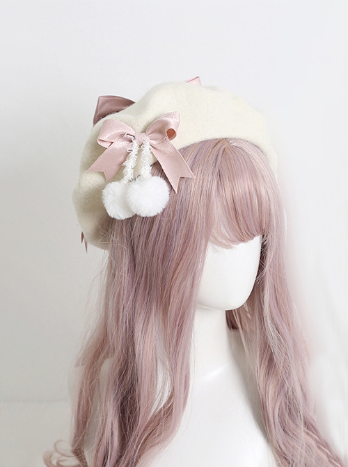 Japanese Style Sweet Girly Wool Autumn Winter Warm Handmade Fur Ball Bowknot Sweet Lolita Painter Hat Beret