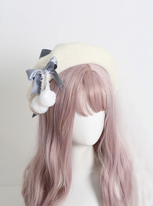 Japanese Style Sweet Girly Wool Autumn Winter Warm Handmade Fur Ball Bowknot Sweet Lolita Painter Hat Beret