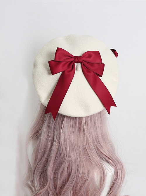 Japanese Style Sweet Girly Wool Autumn Winter Warm Handmade Fur Ball Bowknot Sweet Lolita Painter Hat Beret