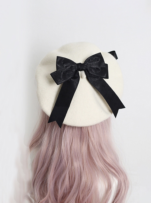 Japanese Style Sweet Girly Wool Autumn Winter Warm Handmade Fur Ball Bowknot Sweet Lolita Painter Hat Beret