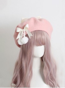Handmade Autumn Winter Warm Wool Pink Style Cute Girly Fur Ball Bowknot Sweet Lolita Painter Hat Beret