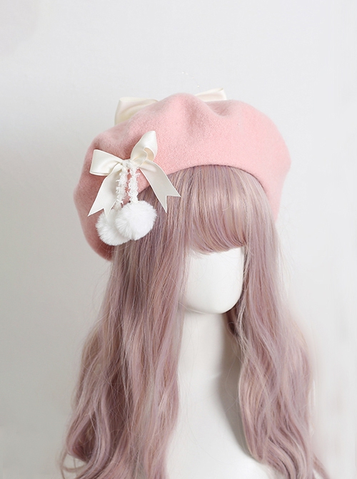 Handmade Autumn Winter Warm Wool Pink Style Cute Girly Fur Ball Bowknot Sweet Lolita Painter Hat Beret