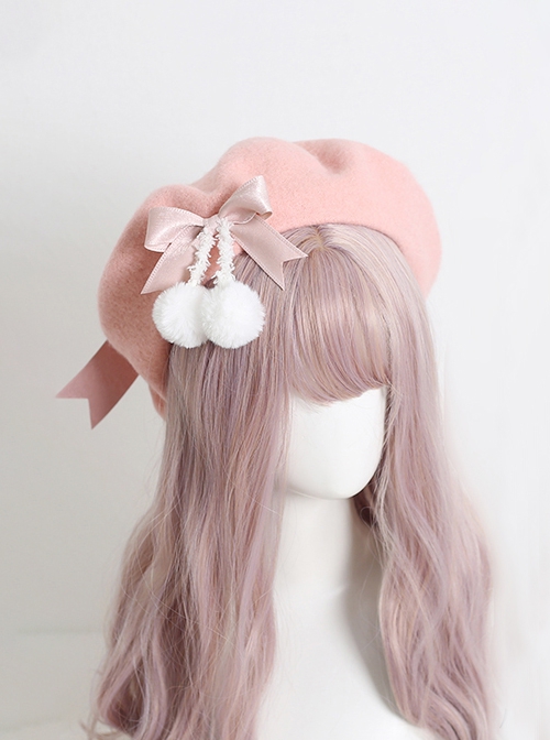 Handmade Autumn Winter Warm Wool Pink Style Cute Girly Fur Ball Bowknot Sweet Lolita Painter Hat Beret