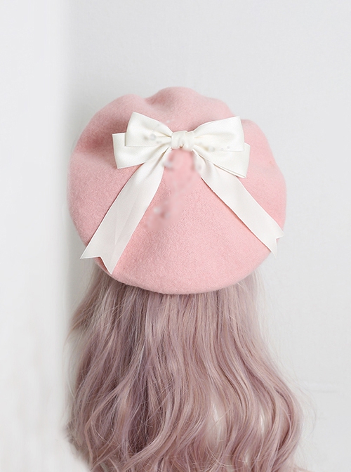 Handmade Autumn Winter Warm Wool Pink Style Cute Girly Fur Ball Bowknot Sweet Lolita Painter Hat Beret
