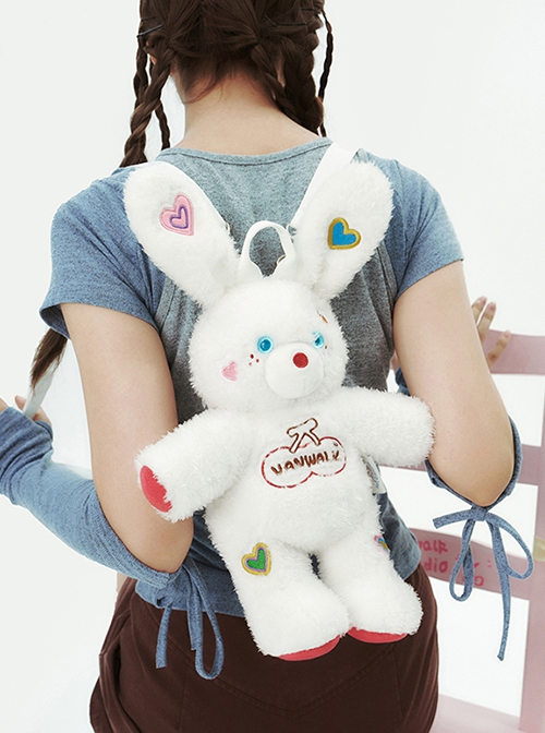 Sweetheart Plush Bunny Long Ears Sweet Cool Harajuku Style Colorful Heart Pattern Cute Kawaii Fashion Bag Backpack