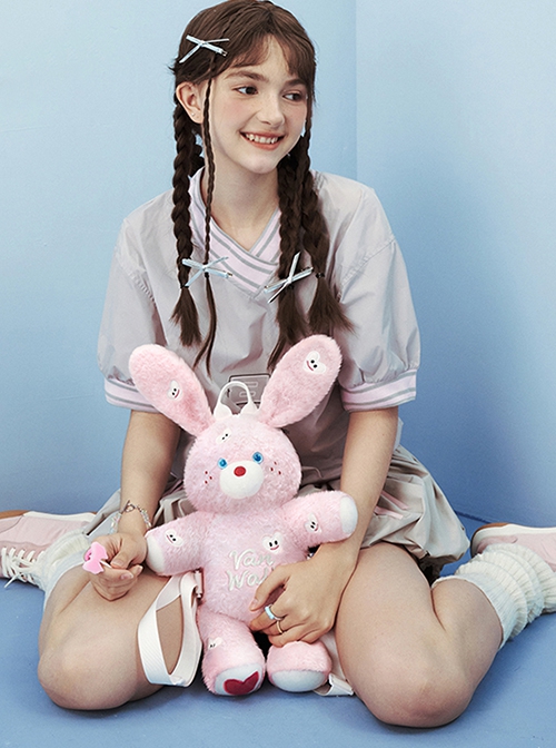 Sweetheart Plush Bunny Long Ears Sweet Cool Harajuku Style Colorful Heart Pattern Cute Kawaii Fashion Bag Backpack