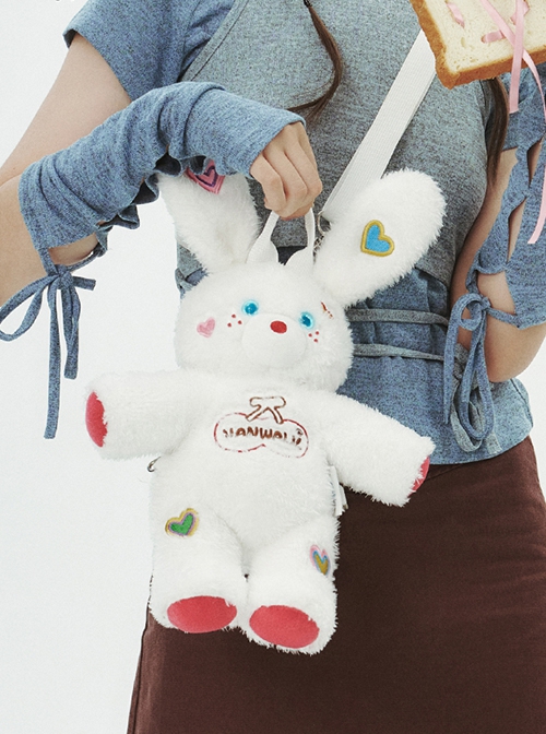 Sweetheart Plush Bunny Long Ears Sweet Cool Harajuku Style Colorful Heart Pattern Cute Kawaii Fashion Bag Backpack