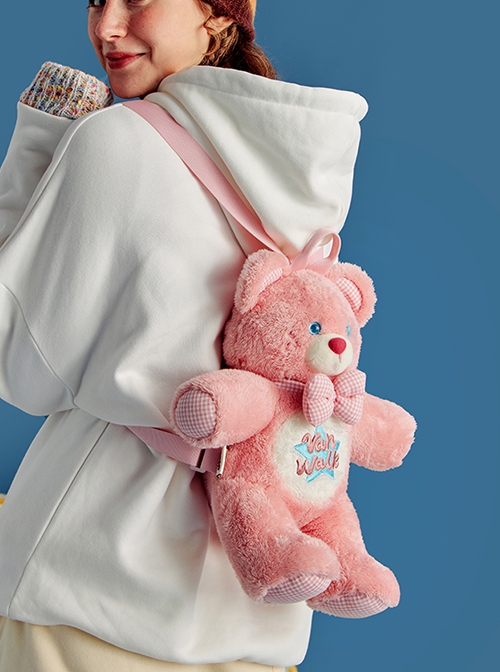 Plush Monster Series Plaid Bowknot Plush Sweet Cool Colorful Cute Bear Doll Kawaii Fashion Bag Backpack