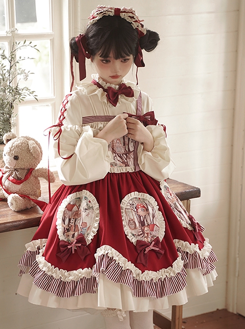 Berry Jungle Series Red Patchwork Jungle Print Asymmetrical Shoulder Strap Design Ruffles Cute Sweet Lolita Long Sleeves Dress OP