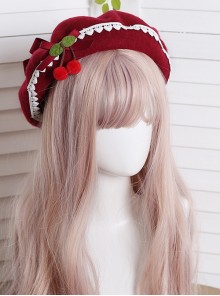 Mori Girl Type Bowknot Cherry Red Handmade Woolen Cloth Soft Sweet Kawaii Fashion Painter Hat Beret