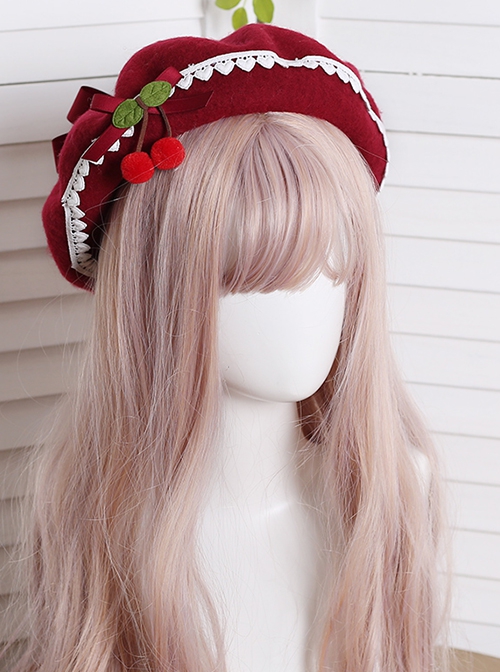 Mori Girl Type Bowknot Cherry Red Handmade Woolen Cloth Soft Sweet Kawaii Fashion Painter Hat Beret