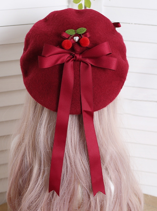 Mori Girl Type Bowknot Cherry Red Handmade Woolen Cloth Soft Sweet Kawaii Fashion Painter Hat Beret
