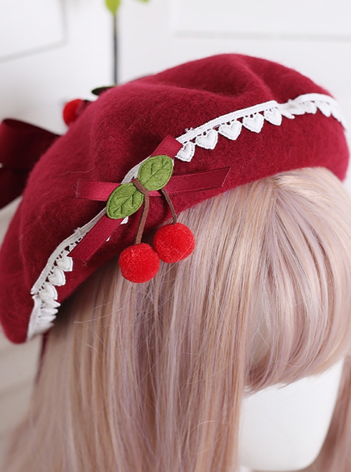 Mori Girl Type Bowknot Cherry Red Handmade Woolen Cloth Soft Sweet Kawaii Fashion Painter Hat Beret