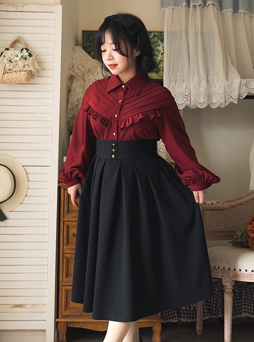 Forest Basket Series Retro V Shape Pleated Neckline Versatile Classic Lolita Loose Long Sleeves Shirt